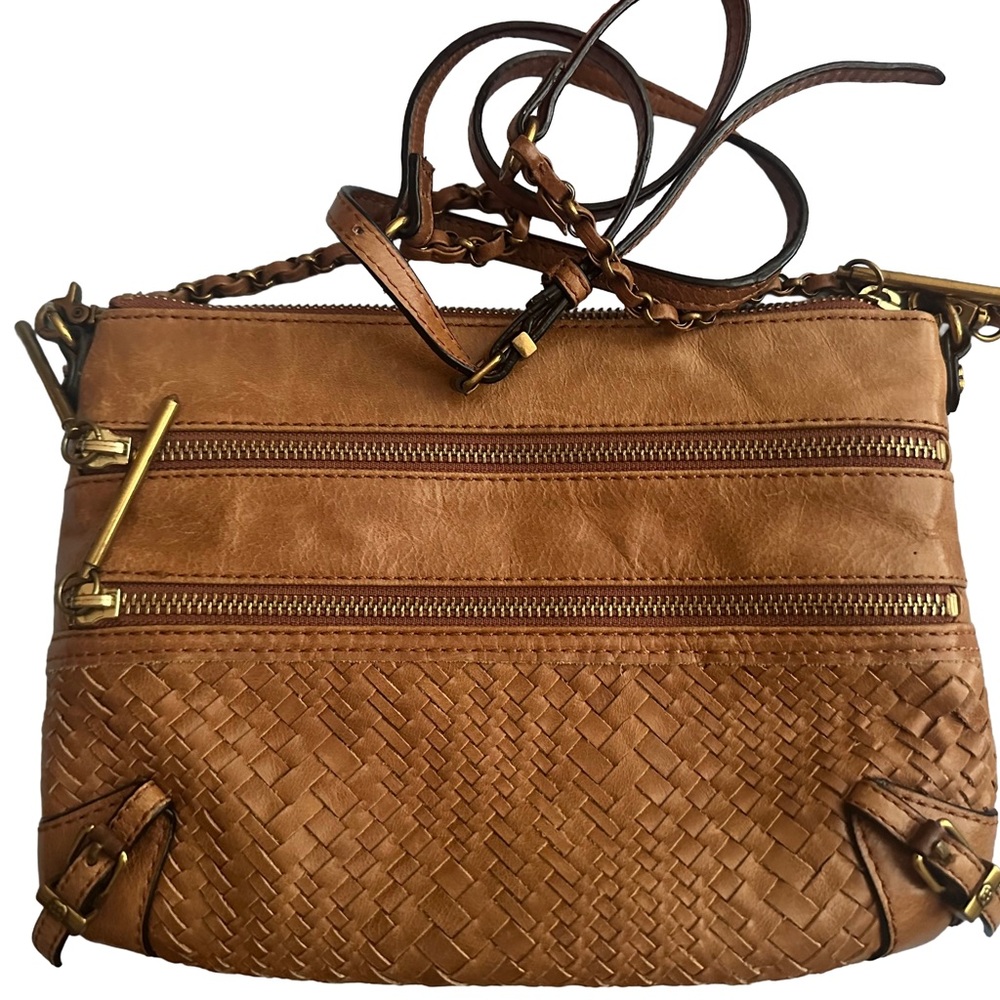 Elliott Lucca Tan Leather Crossbody Bag with Woven Detail & Double Zipper